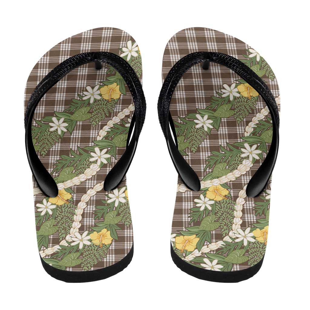 Aloha Puakenikeni Anthurium Pikake Lei Flip Flops Chocolate Hawaiian Palaka Pattern