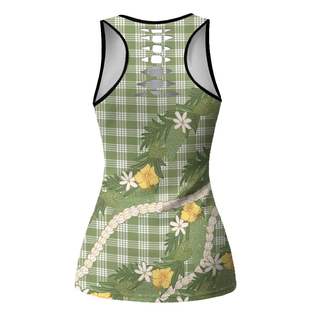 Aloha Puakenikeni Anthurium Pikake Lei Hollow Tank Top Green Hawaiian Palaka Pattern