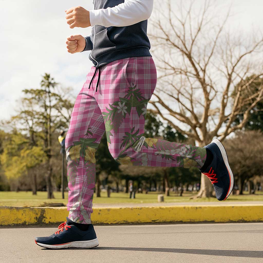 Aloha Puakenikeni Anthurium Pikake Lei Jogger Pants Tropical Pink Hawaiian Palaka Pattern