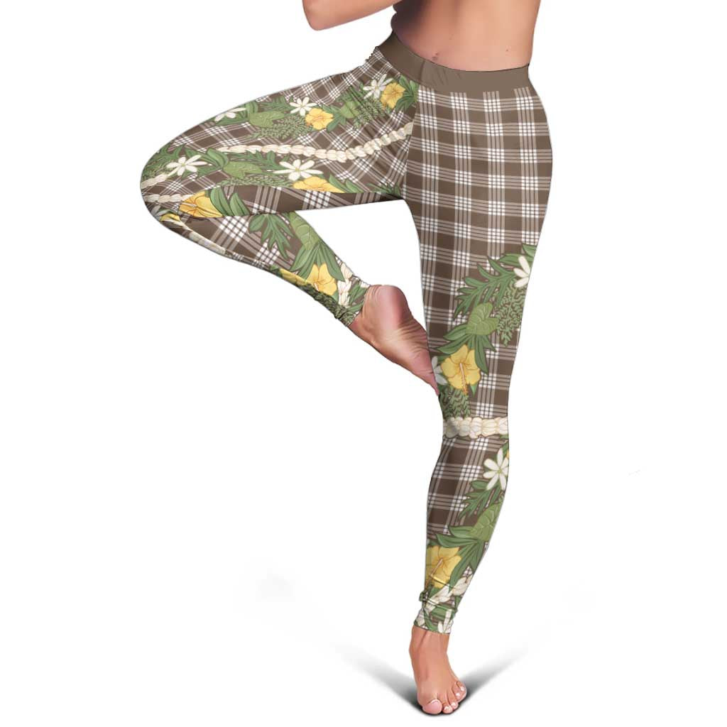 Aloha Puakenikeni Anthurium Pikake Lei Leggings Chocolate Hawaiian Palaka Pattern