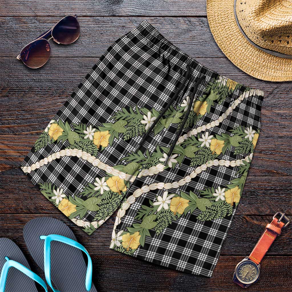 Aloha Puakenikeni Anthurium Pikake Lei Shorts for Men Black Hawaiian Palaka Pattern