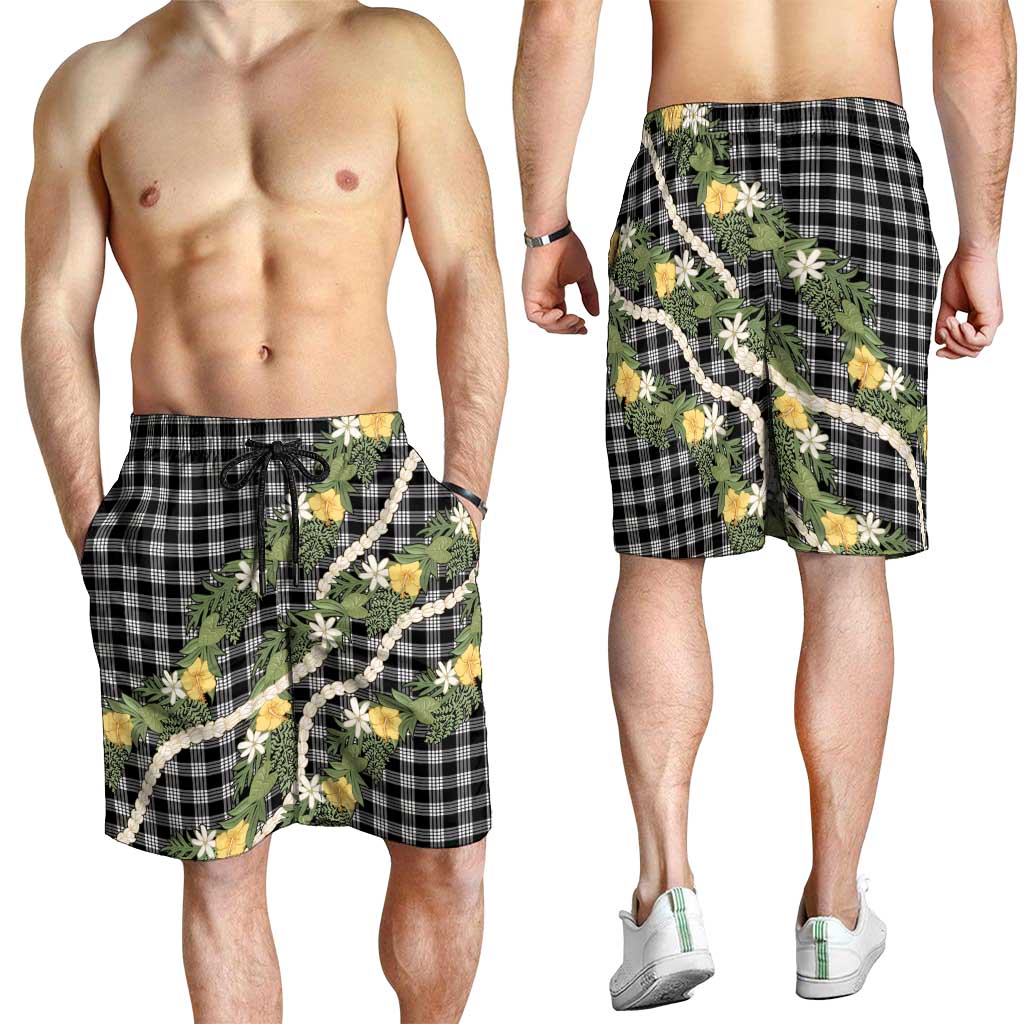 Aloha Puakenikeni Anthurium Pikake Lei Shorts for Men Black Hawaiian Palaka Pattern