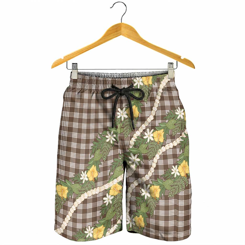 Aloha Puakenikeni Anthurium Pikake Lei Shorts for Men Chocolate Hawaiian Palaka Pattern