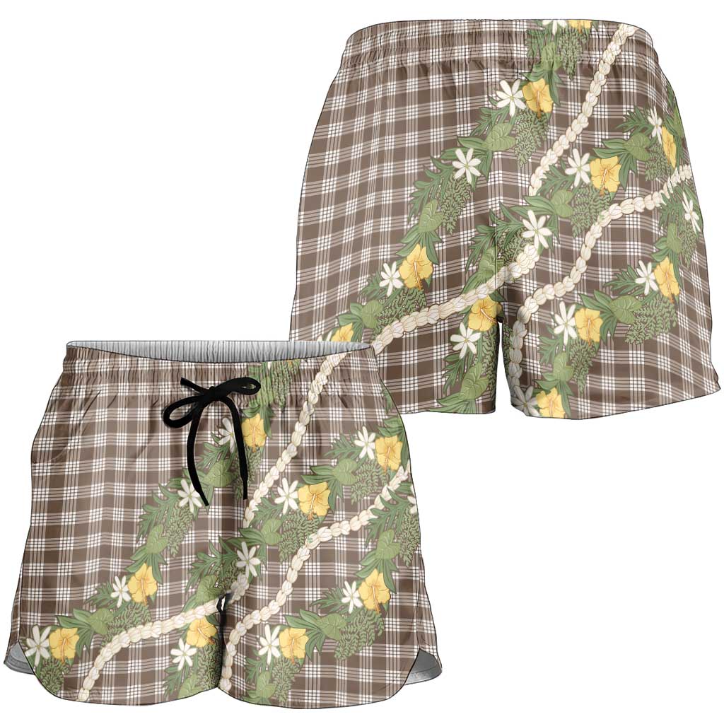 Aloha Puakenikeni Anthurium Pikake Lei Shorts for Women Chocolate Hawaiian Palaka Pattern