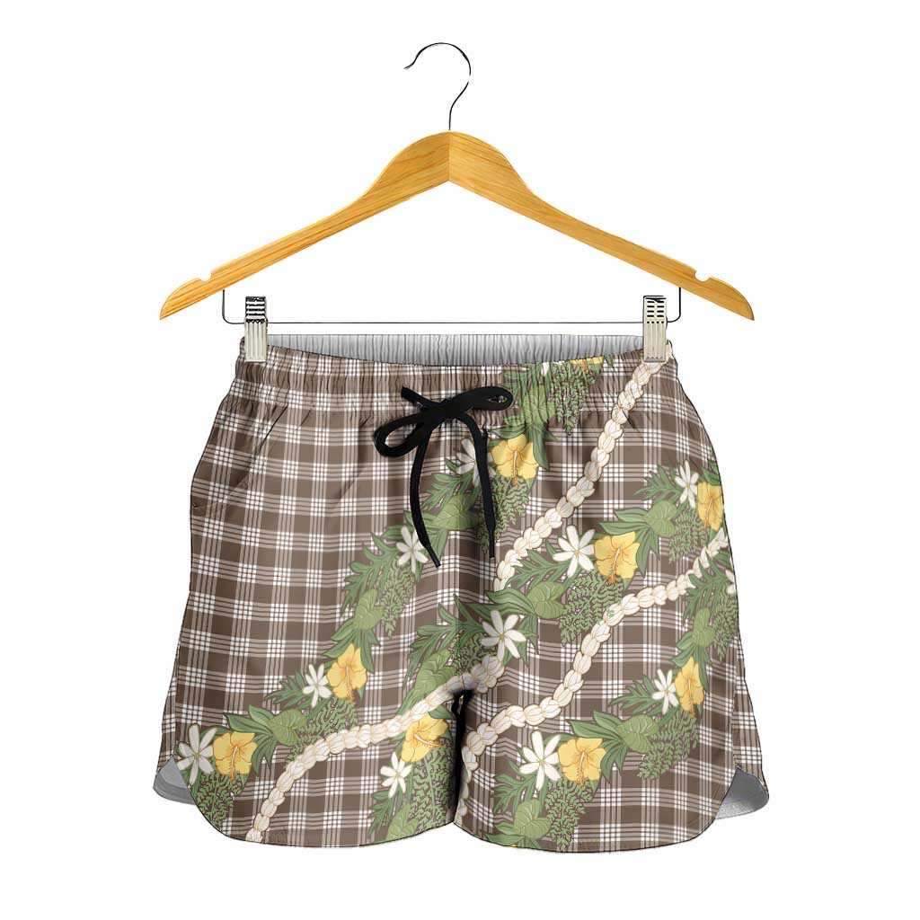 Aloha Puakenikeni Anthurium Pikake Lei Shorts for Women Chocolate Hawaiian Palaka Pattern