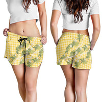 Aloha Puakenikeni Anthurium Pikake Lei Shorts for Women Gold Hawaiian Palaka Pattern