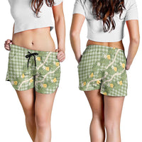 Aloha Puakenikeni Anthurium Pikake Lei Shorts for Women Green Hawaiian Palaka Pattern