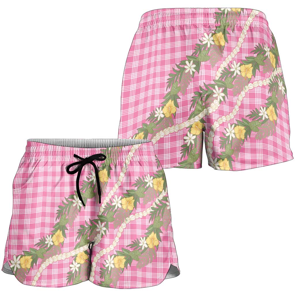 Aloha Puakenikeni Anthurium Pikake Lei Shorts for Women Tropical Pink Hawaiian Palaka Pattern