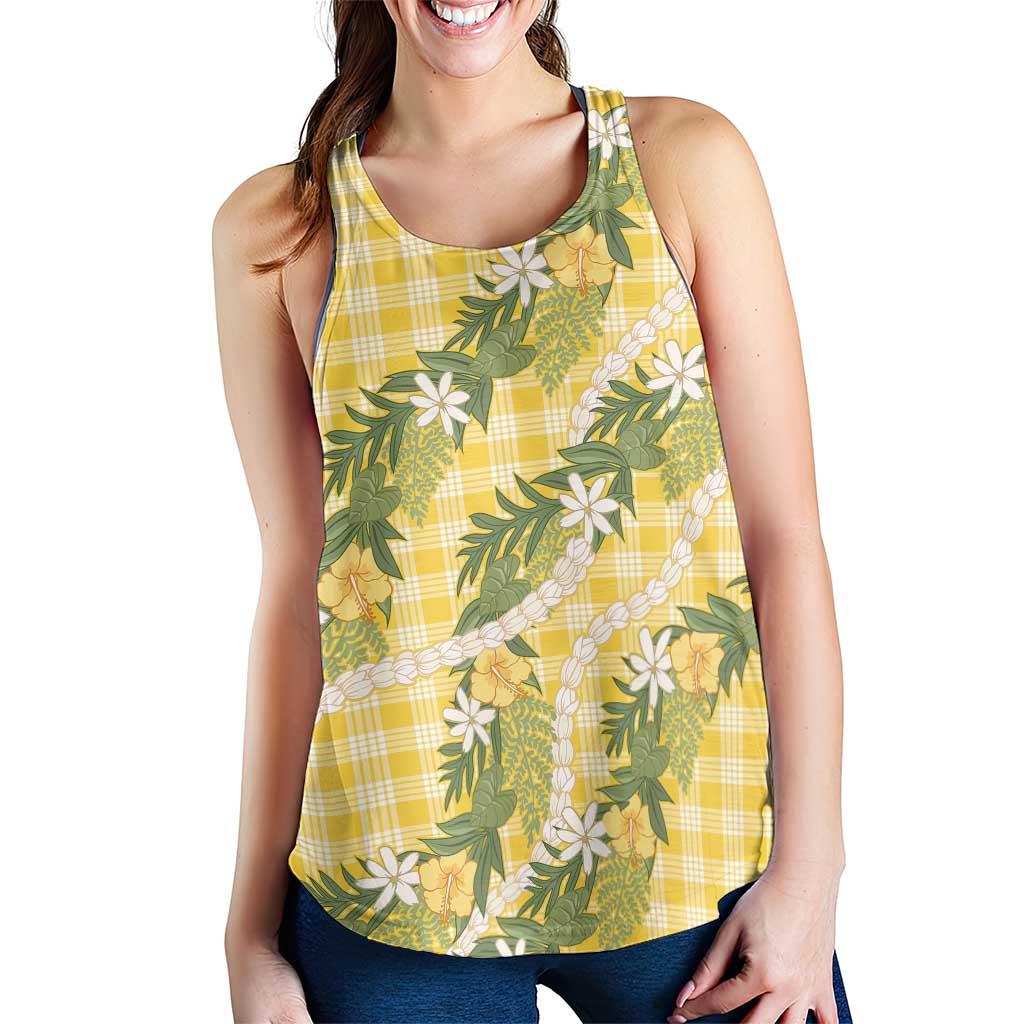 Aloha Puakenikeni Anthurium Pikake Lei Women Racerback Tank Gold Hawaiian Palaka Pattern