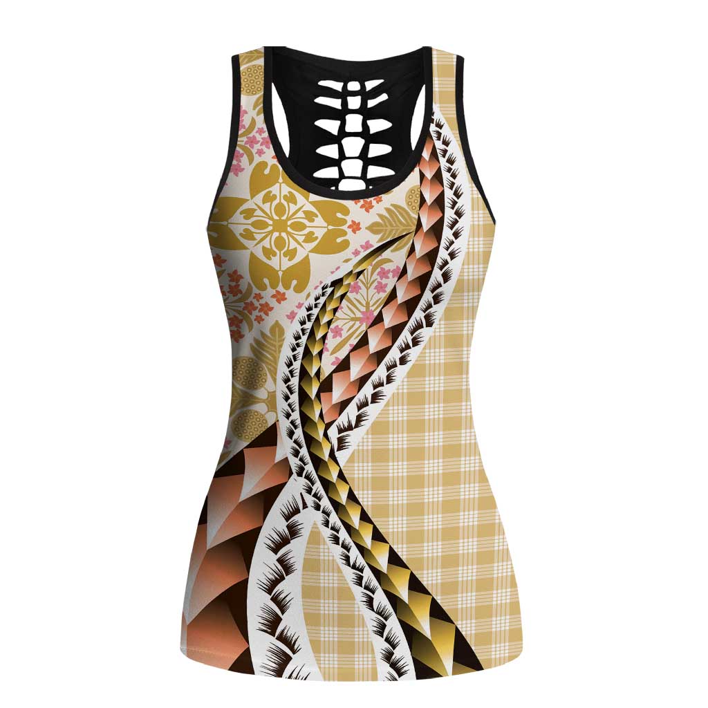 Aloha Vintage Palaka Floral Hawaiian Quilt Hollow Tank Top Melemele Motif LT9 Female Yellow - Polynesian Pride