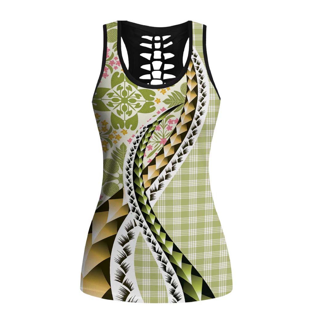 Aloha Vintage Palaka Floral Hawaiian Quilt Hollow Tank Top Omaomao Motif LT9 Female Lime - Polynesian Pride