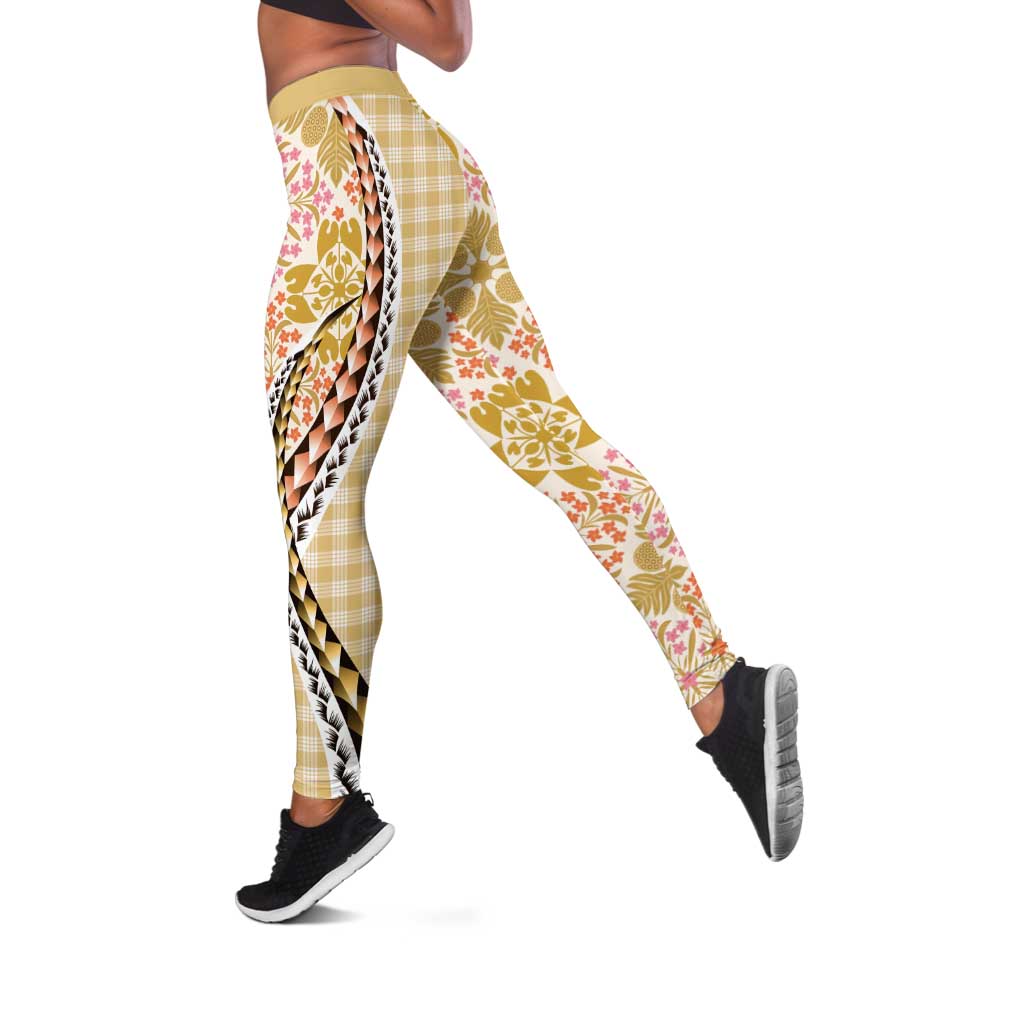 Aloha Vintage Palaka Floral Hawaiian Quilt Leggings Melemele Motif LT9 Yellow - Polynesian Pride