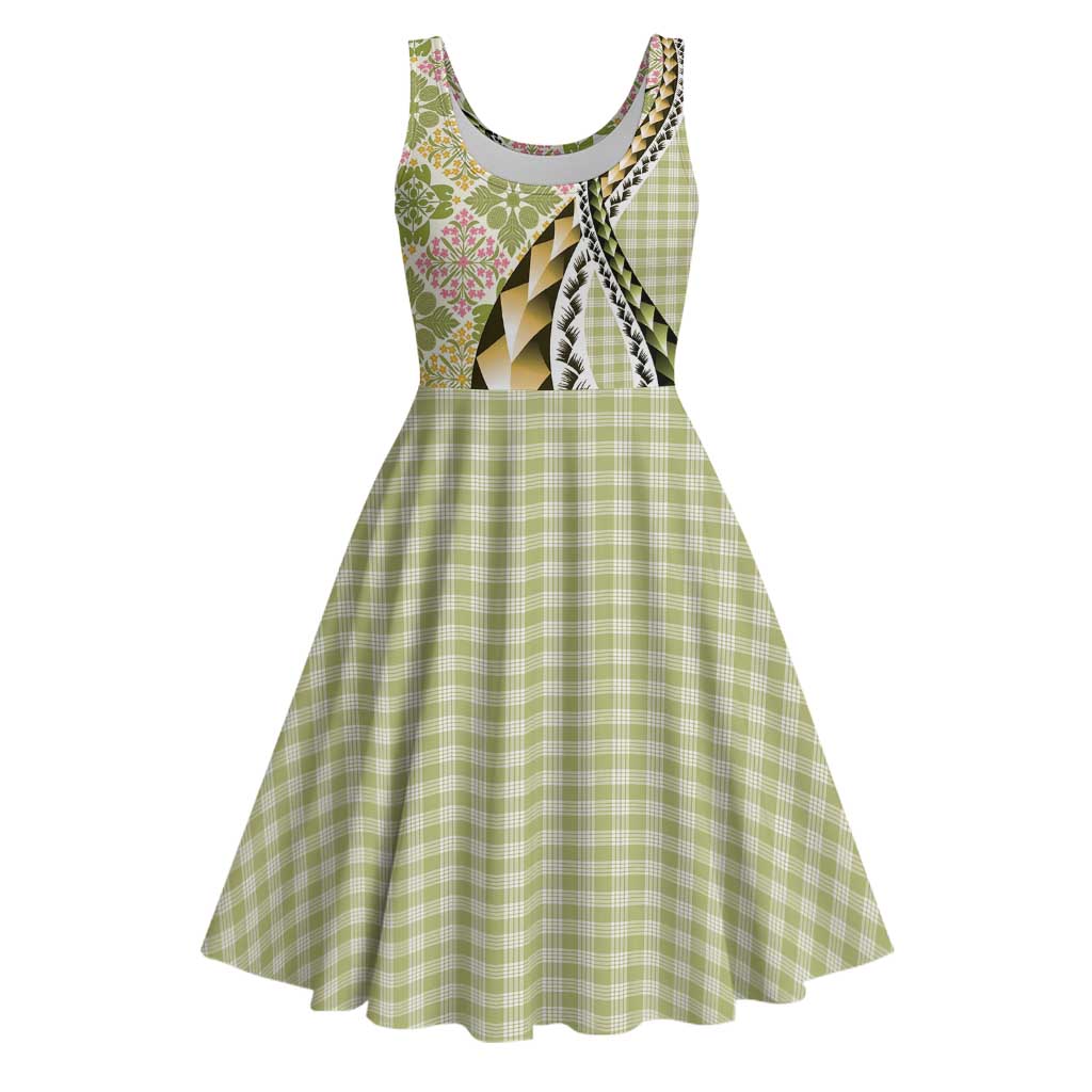 Aloha Vintage Palaka Floral Hawaiian Quilt Midi Dress Omaomao Motif LT9 Lime - Polynesian Pride