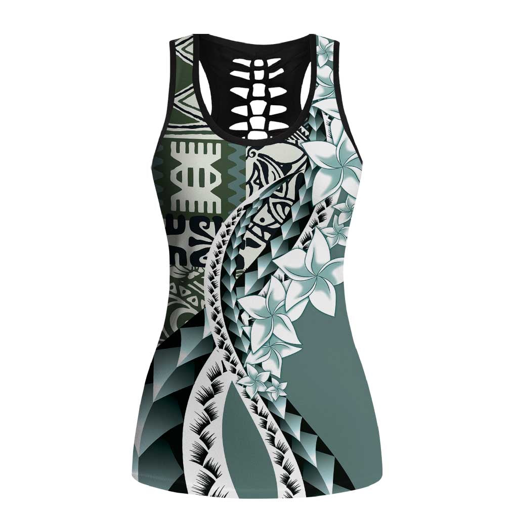 Aloha Vintage Plumeria Hawaiian Tapa Pattern Hollow Tank Top Dark Turquoise Hawaiian Tapa Pattern LT9 Female Turquoise - Polynesian Pride