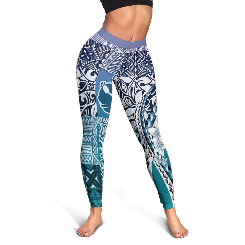 Aloha Vintage Plumeria Hawaiian Tapa Pattern Leggings Blue Hawaiian Tapa Pattern - Polynesian Pride