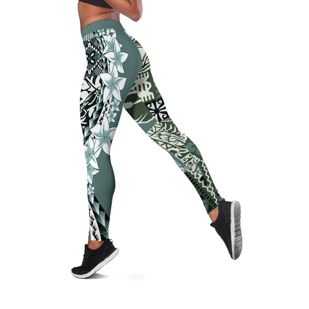Aloha Vintage Plumeria Hawaiian Tapa Pattern Leggings Dark Turquoise Hawaiian Tapa Pattern - Polynesian Pride
