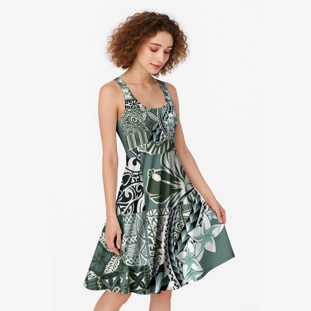 Aloha Vintage Plumeria Hawaiian Tapa Pattern Midi Dress Dark Turquoise Hawaiian Tapa Pattern - Polynesian Pride