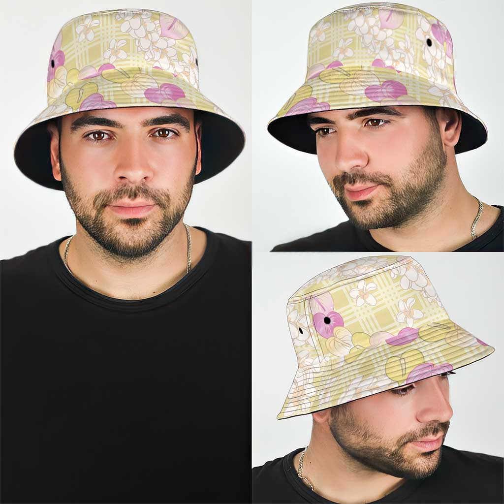 Anthurium Plumeria Lei Pastel Bucket Hat Yellow Hawaiian Splendid Palaka