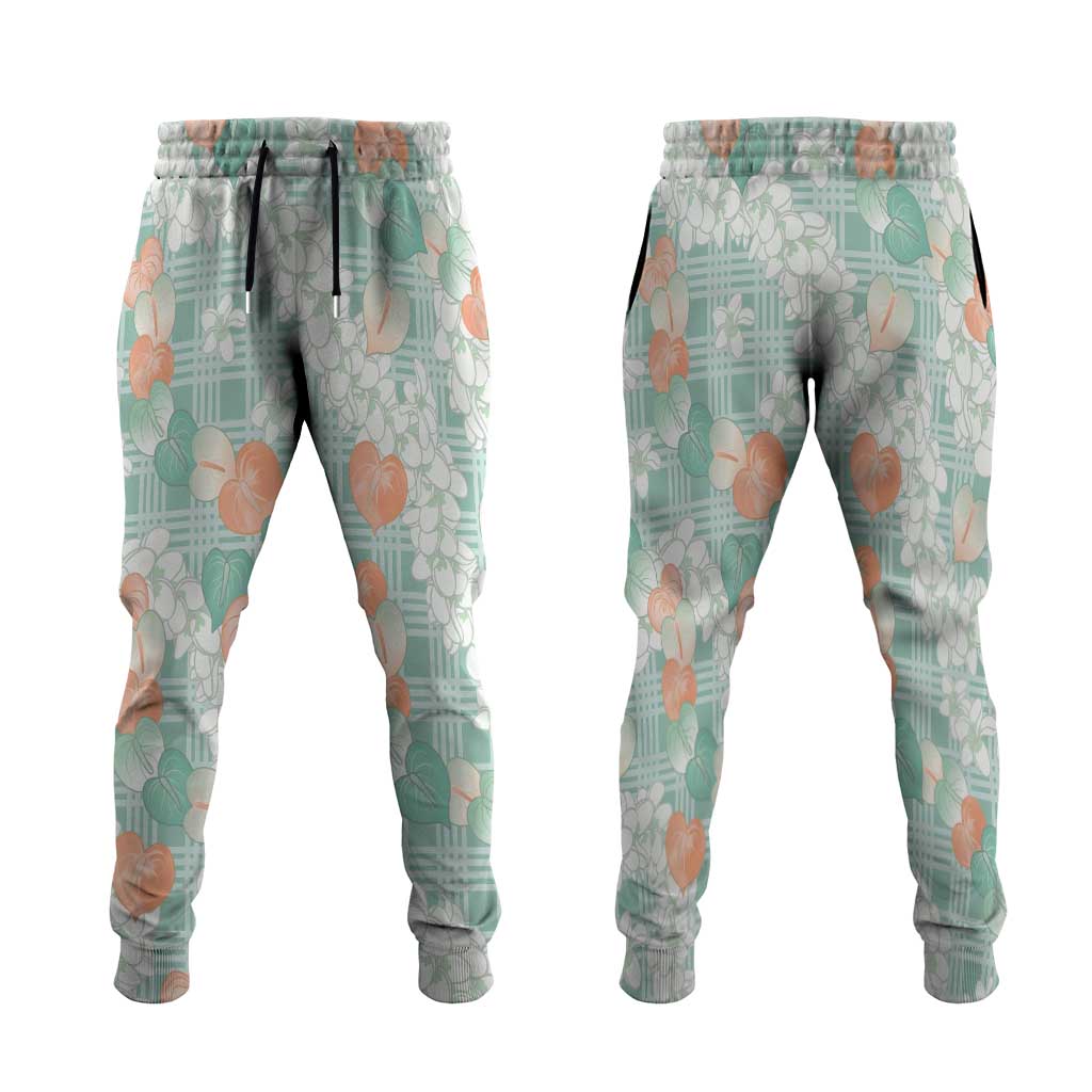 Anthurium Plumeria Lei Pastel Jogger Pants Teal Hawaiian Splendid Palaka