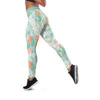 Anthurium Plumeria Lei Pastel Leggings Teal Hawaiian Splendid Palaka LT01 Teal - Polynesian Pride