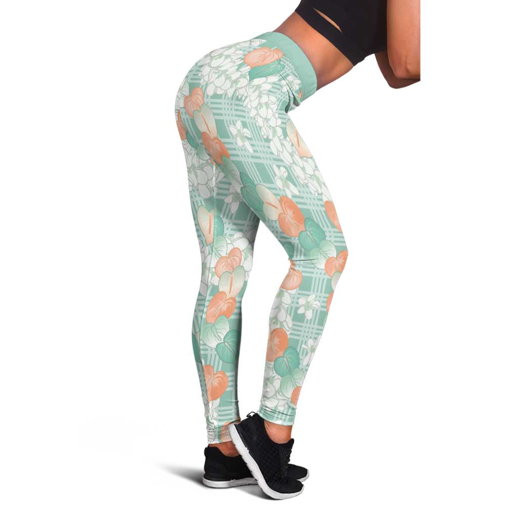 Anthurium Plumeria Lei Pastel Leggings Teal Hawaiian Splendid Palaka LT01 - Polynesian Pride
