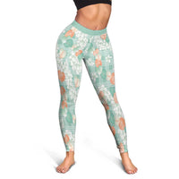 Anthurium Plumeria Lei Pastel Leggings Teal Hawaiian Splendid Palaka LT01 - Polynesian Pride