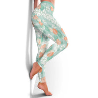 Anthurium Plumeria Lei Pastel Leggings Teal Hawaiian Splendid Palaka LT01 - Polynesian Pride