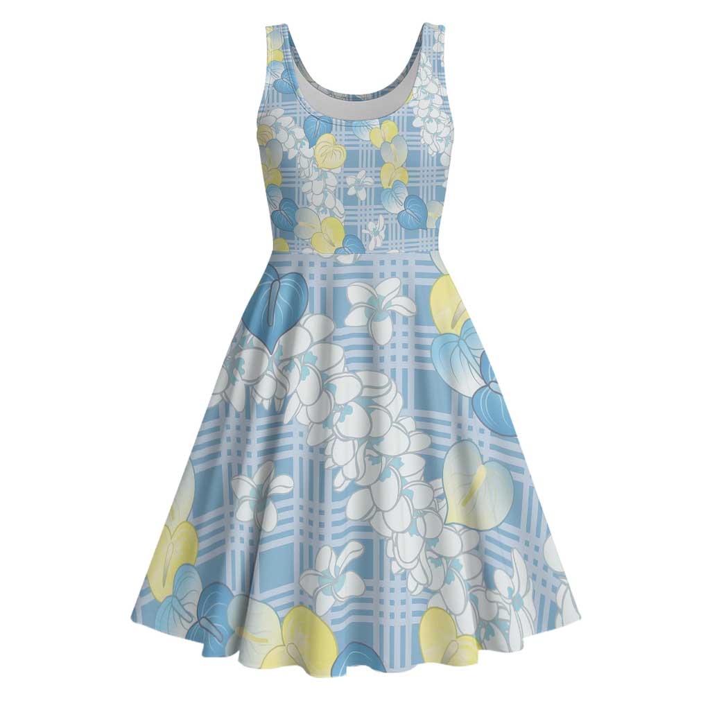 Anthurium Plumeria Lei Pastel Midi Dress Blue Hawaiian Splendid Palaka
