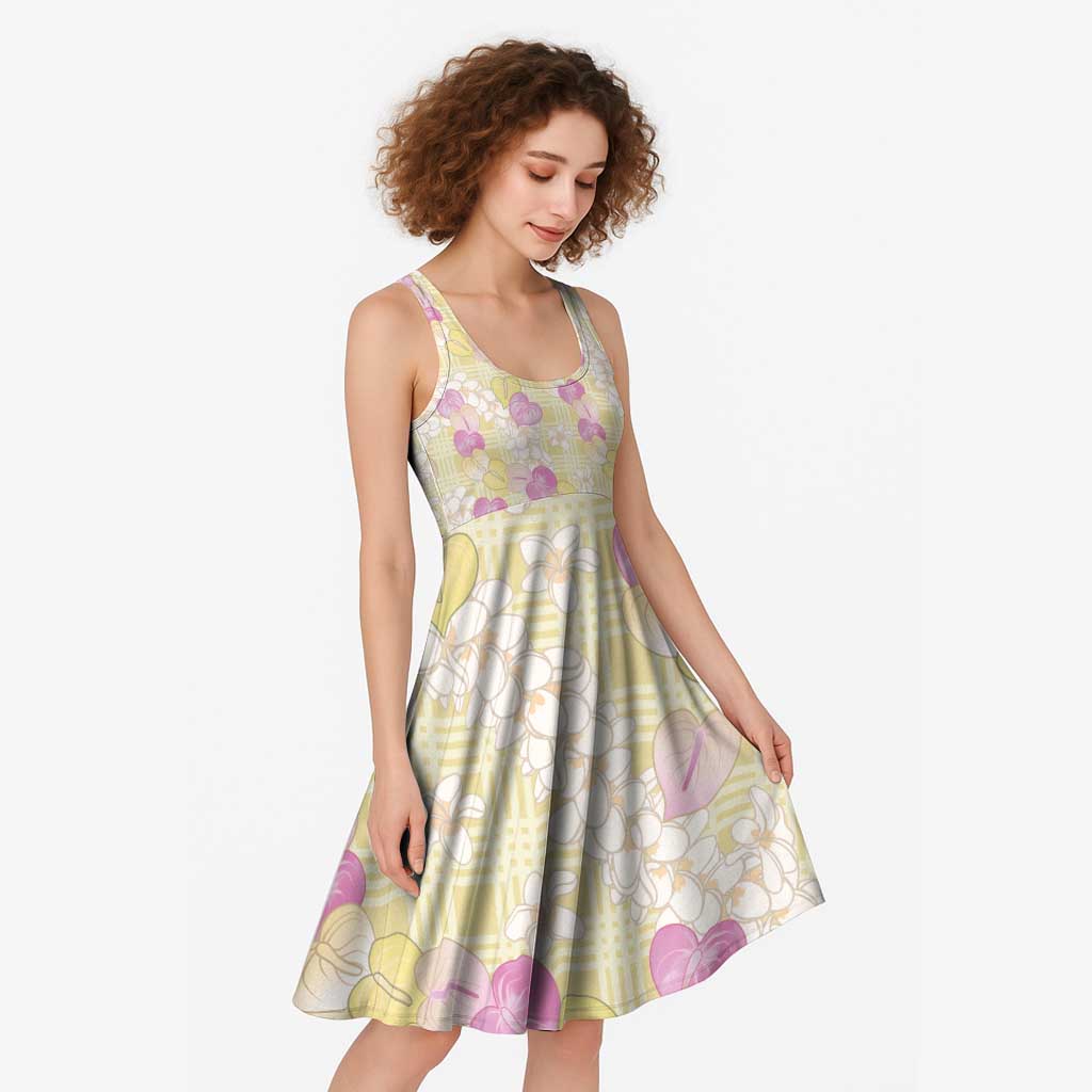 Anthurium Plumeria Lei Pastel Midi Dress Yellow Hawaiian Splendid Palaka