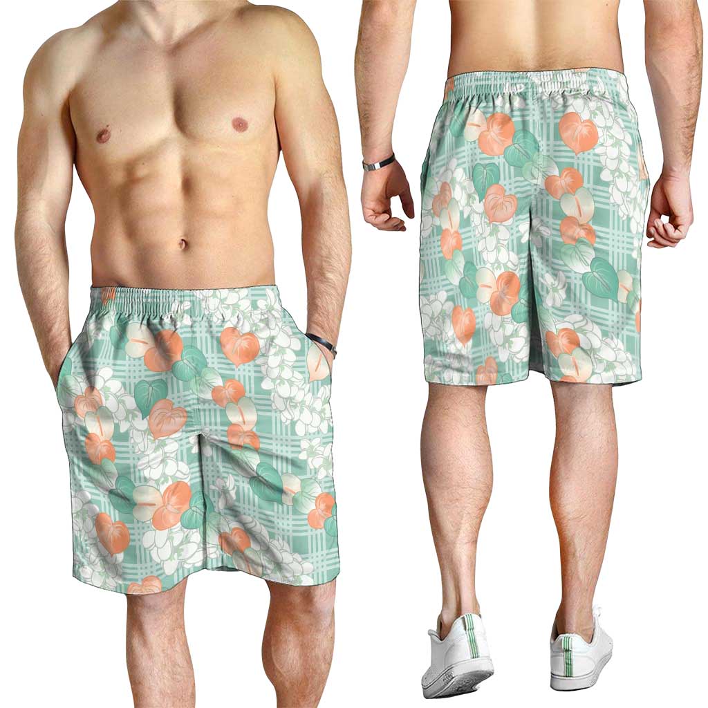 Anthurium Plumeria Lei Pastel Shorts for Men Teal Hawaiian Splendid Palaka