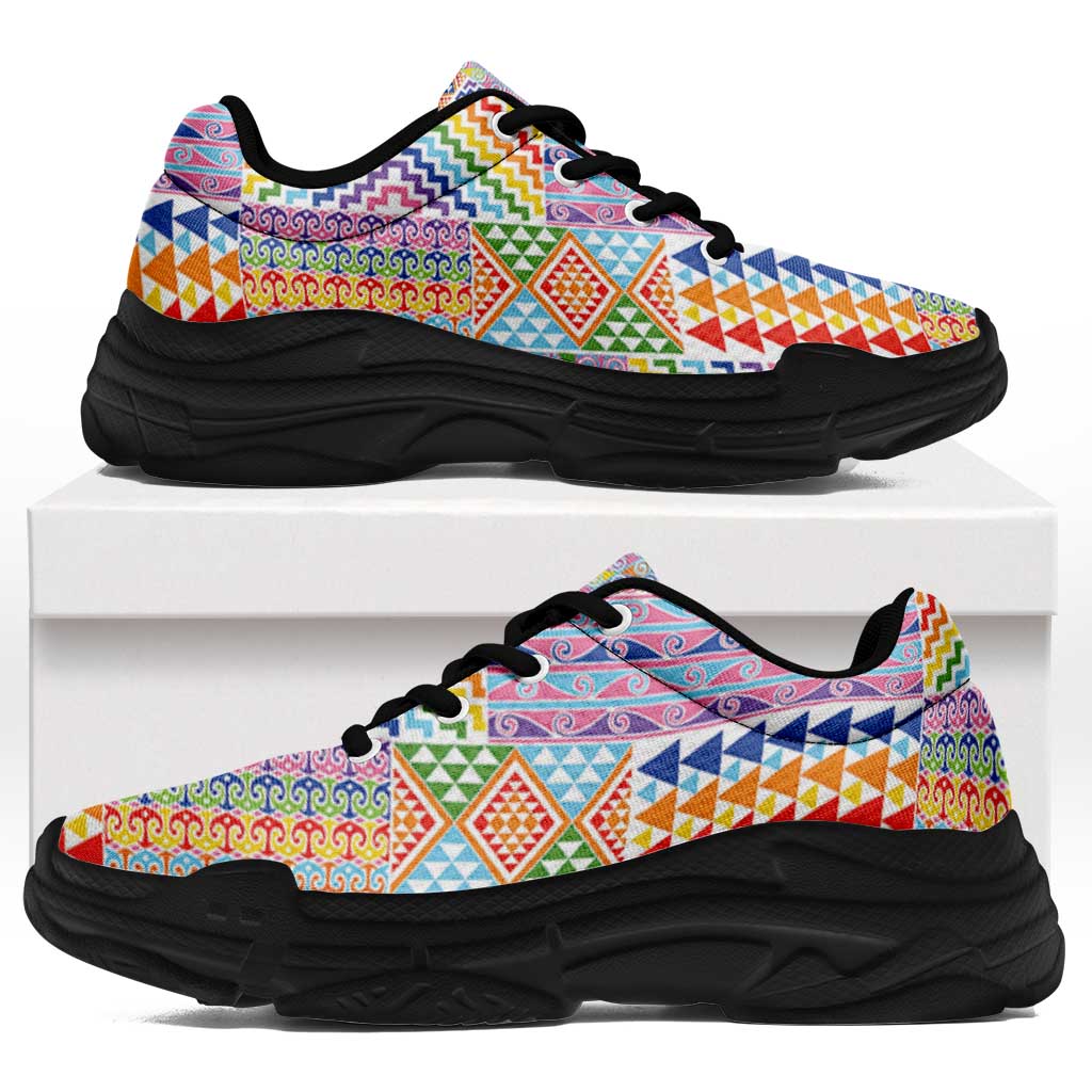 Aotearoa Kowhaiwhai Taniko Patchwork Rainbow Motifs Chunky Sneakers LT9 Rainbow - Polynesian Pride