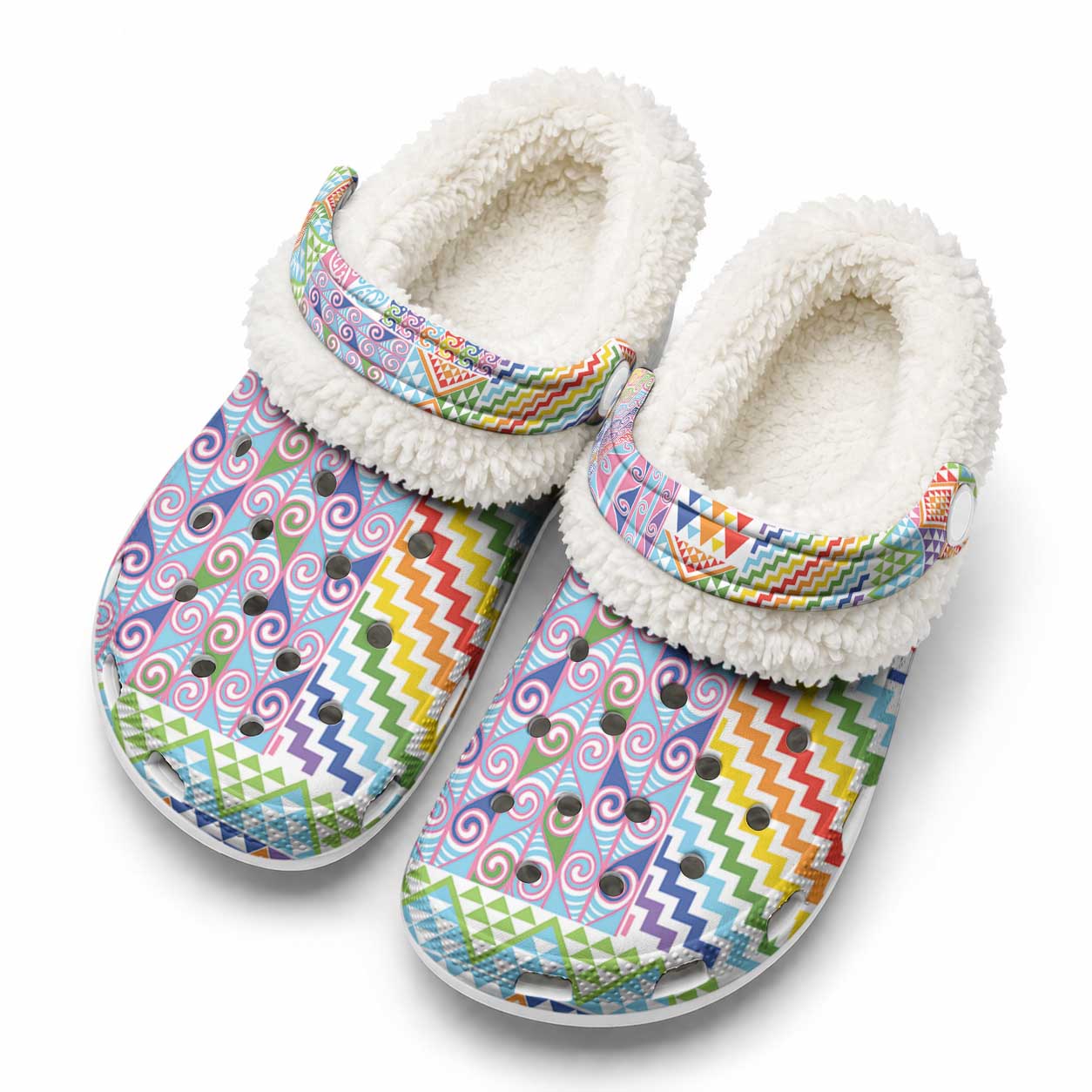 Aotearoa Kowhaiwhai Taniko Patchwork Rainbow Motifs Fleece Clogs LT9 Rainbow - Polynesian Pride