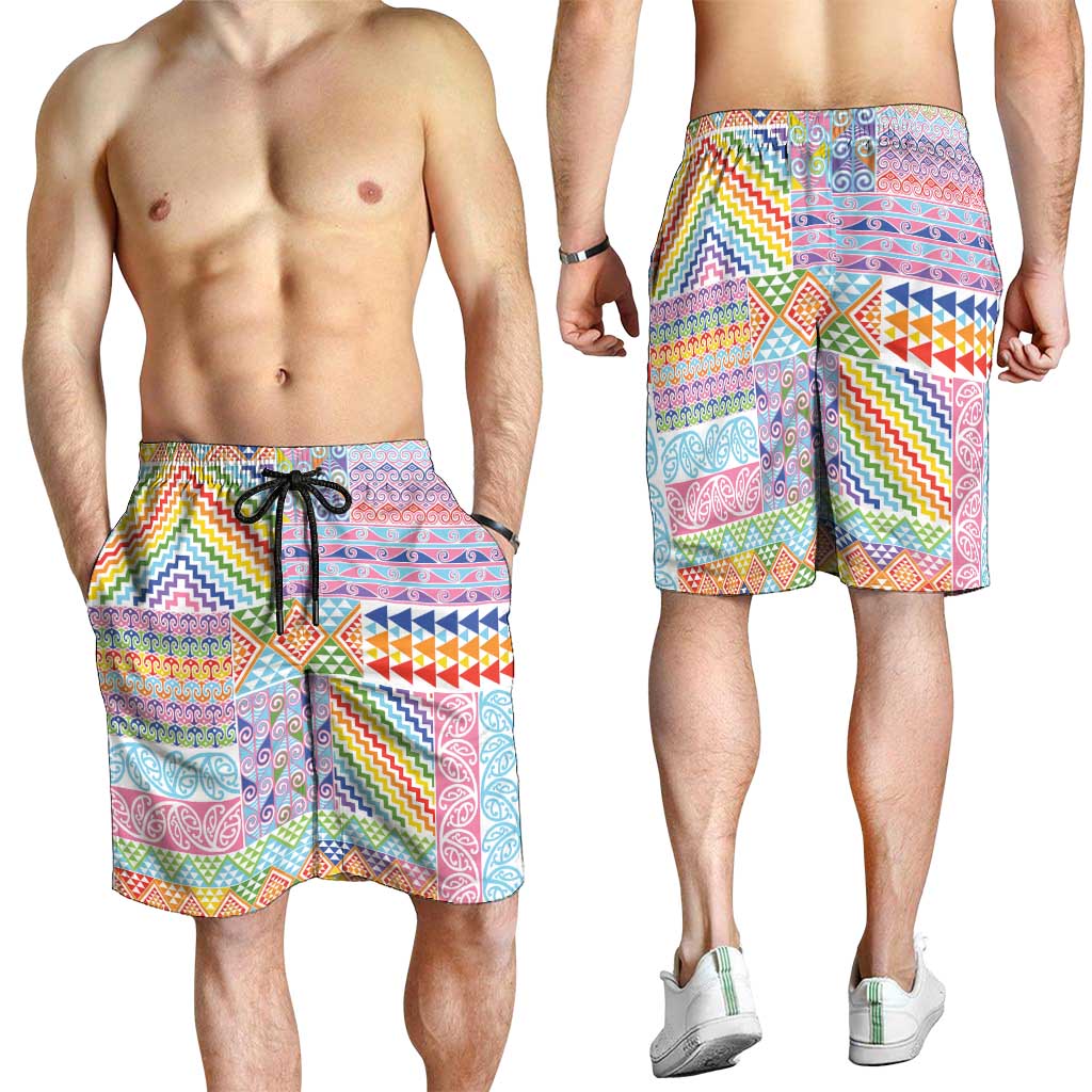 Aotearoa Kowhaiwhai Taniko Patchwork Rainbow Motifs Shorts for Men