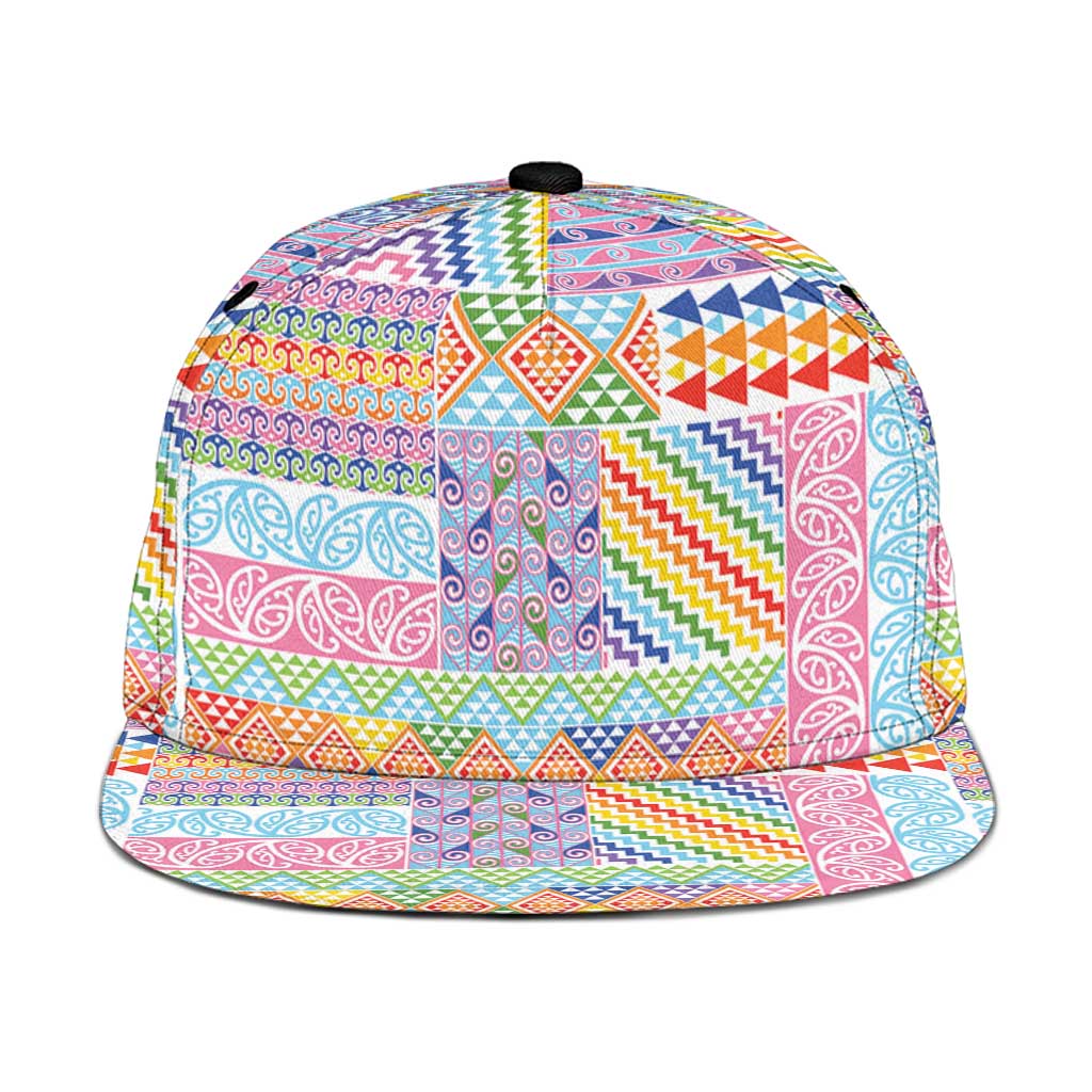 Aotearoa Kowhaiwhai Taniko Patchwork Rainbow Motifs Snapback Cap