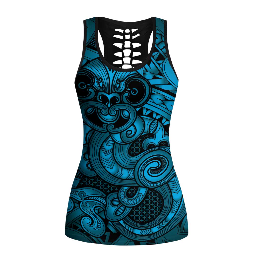 Aotearoa Maori Hei Tiki Hollow Tank Top Kikorangi Kowhaiwhai Puhoro Motif LT9 Female Blue - Polynesian Pride