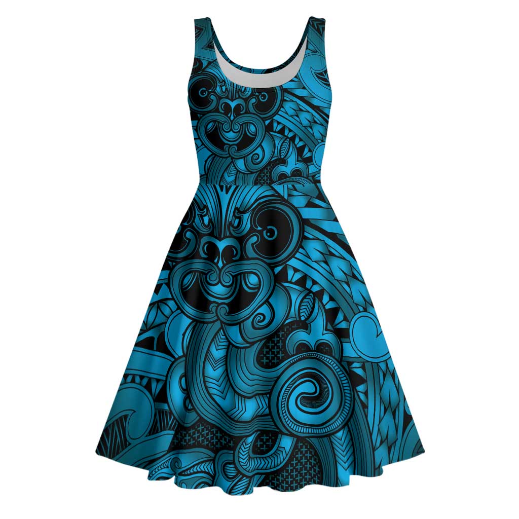Aotearoa Maori Hei Tiki Midi Dress Kikorangi Kowhaiwhai Puhoro Motif LT9 Blue - Polynesian Pride