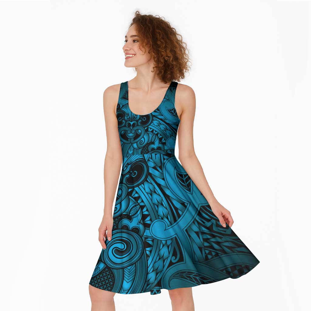 Aotearoa Maori Hei Tiki Midi Dress Kikorangi Kowhaiwhai Puhoro Motif LT9 - Polynesian Pride