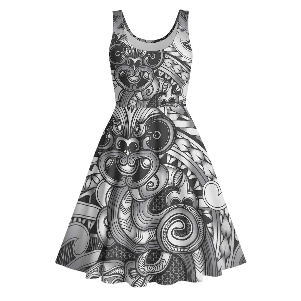 Aotearoa Maori Hei Tiki Midi Dress Kiwikiwi Kowhaiwhai Puhoro Motif LT9 Grey - Polynesian Pride