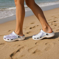 Aotearoa Maori Sea Animals Tribal Clogs Shoes Manta Ray and Shark Moko Pattern Purple Color