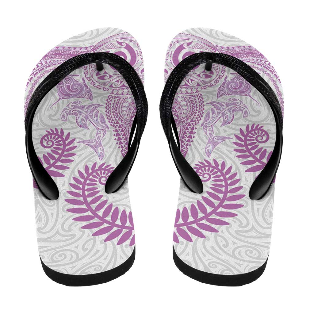 Aotearoa Maori Sea Animals Tribal Flip Flops Manta Ray and Shark Moko Pattern Pink Color