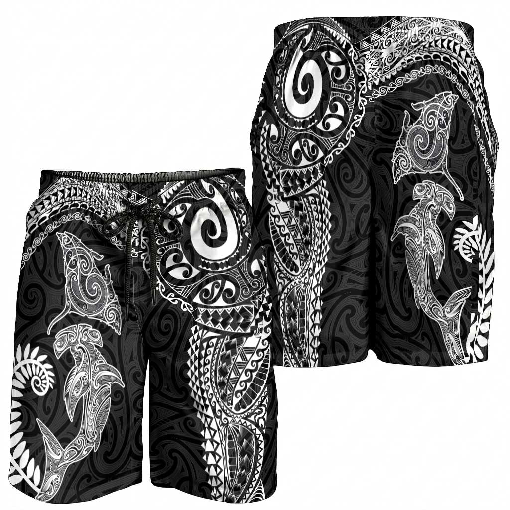 Aotearoa Maori Sea Animals Tribal Shorts for Men Manta Ray and Shark Moko Pattern Black Color
