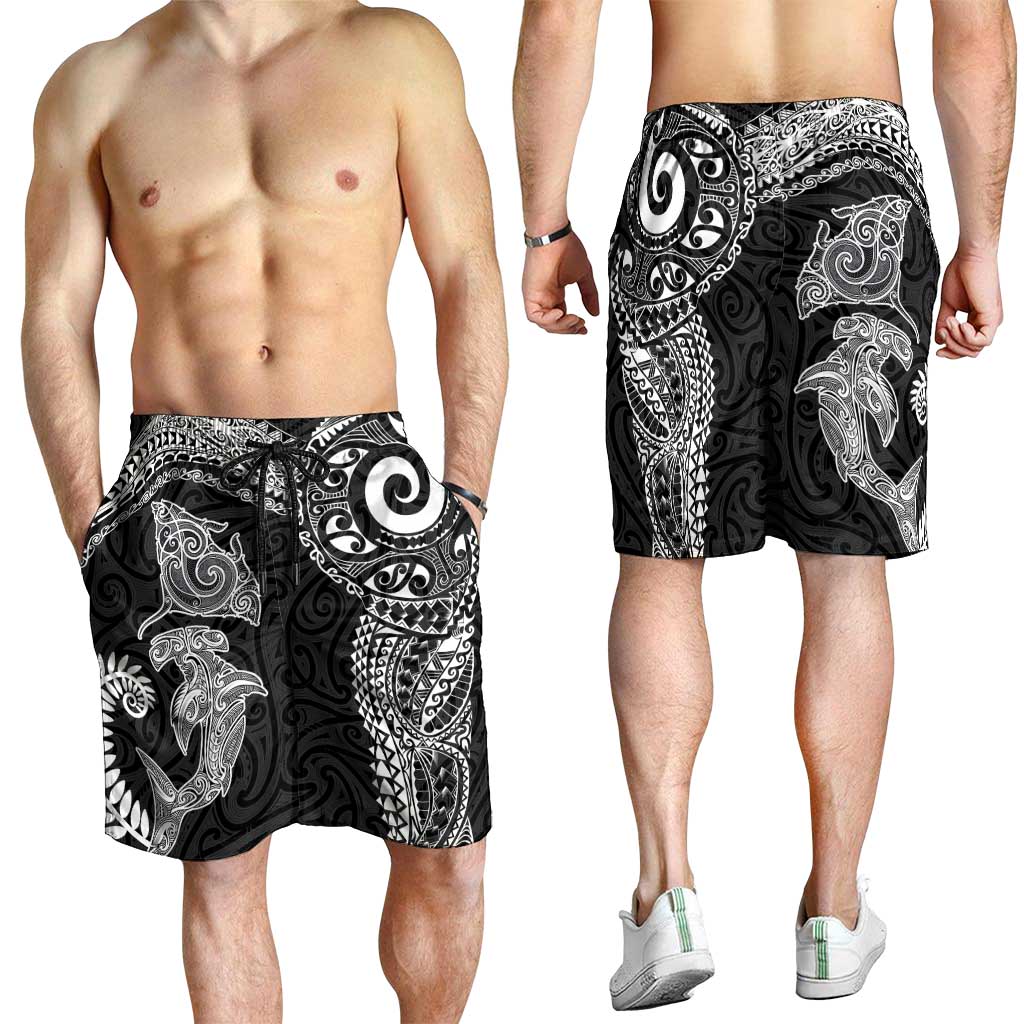 Aotearoa Maori Sea Animals Tribal Shorts for Men Manta Ray and Shark Moko Pattern Black Color