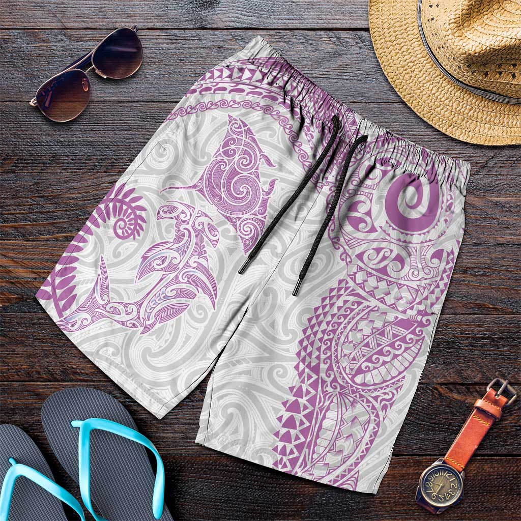 Aotearoa Maori Sea Animals Tribal Shorts for Men Manta Ray and Shark Moko Pattern Pink Color LT03 Pink - Polynesian Pride