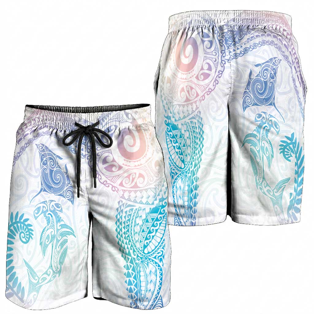 Aotearoa Maori Sea Animals Tribal Shorts for Men Manta Ray and Shark Moko Pattern Sweet Pastel LT03 - Polynesian Pride