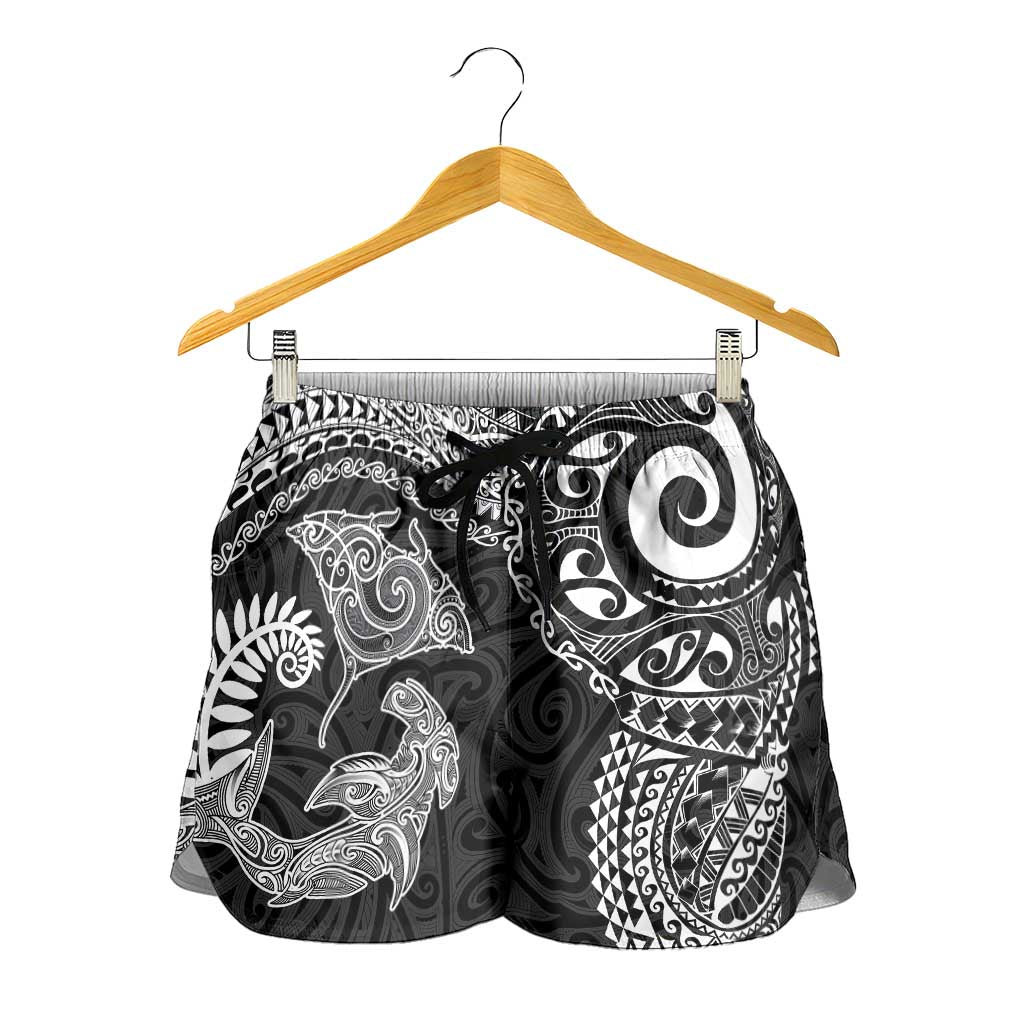 Aotearoa Maori Sea Animals Tribal Shorts for Women Manta Ray and Shark Moko Pattern Black Color LT03 - Polynesian Pride