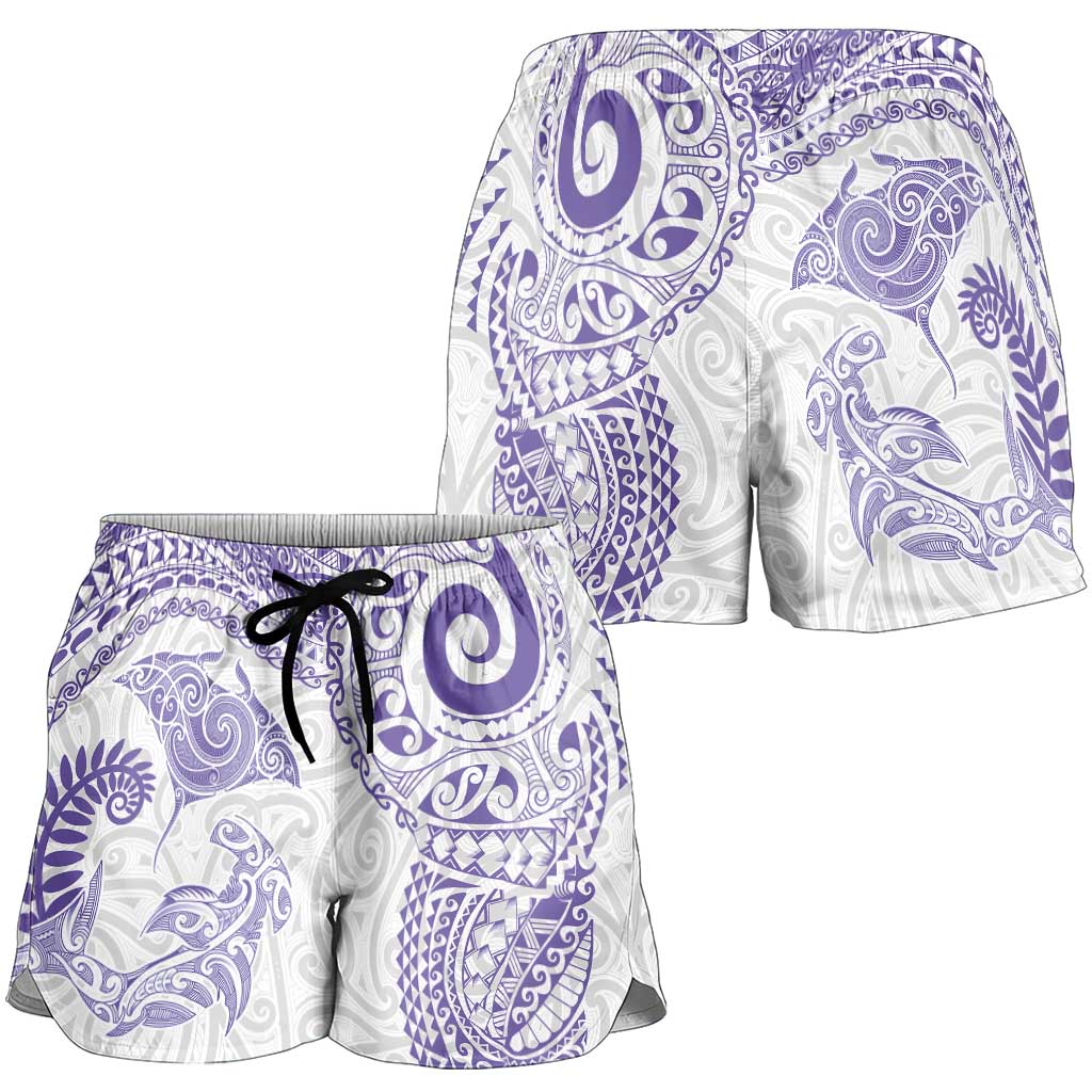 Aotearoa Maori Sea Animals Tribal Shorts for Women Manta Ray and Shark Moko Pattern Purple Color LT03 - Polynesian Pride