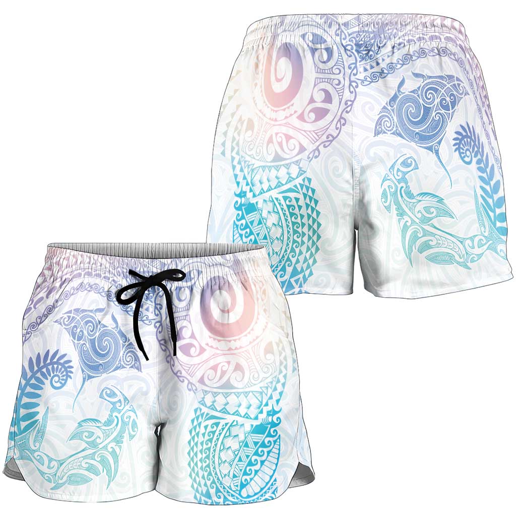 Aotearoa Maori Sea Animals Tribal Shorts for Women Manta Ray and Shark Moko Pattern Sweet Pastel LT03 - Polynesian Pride