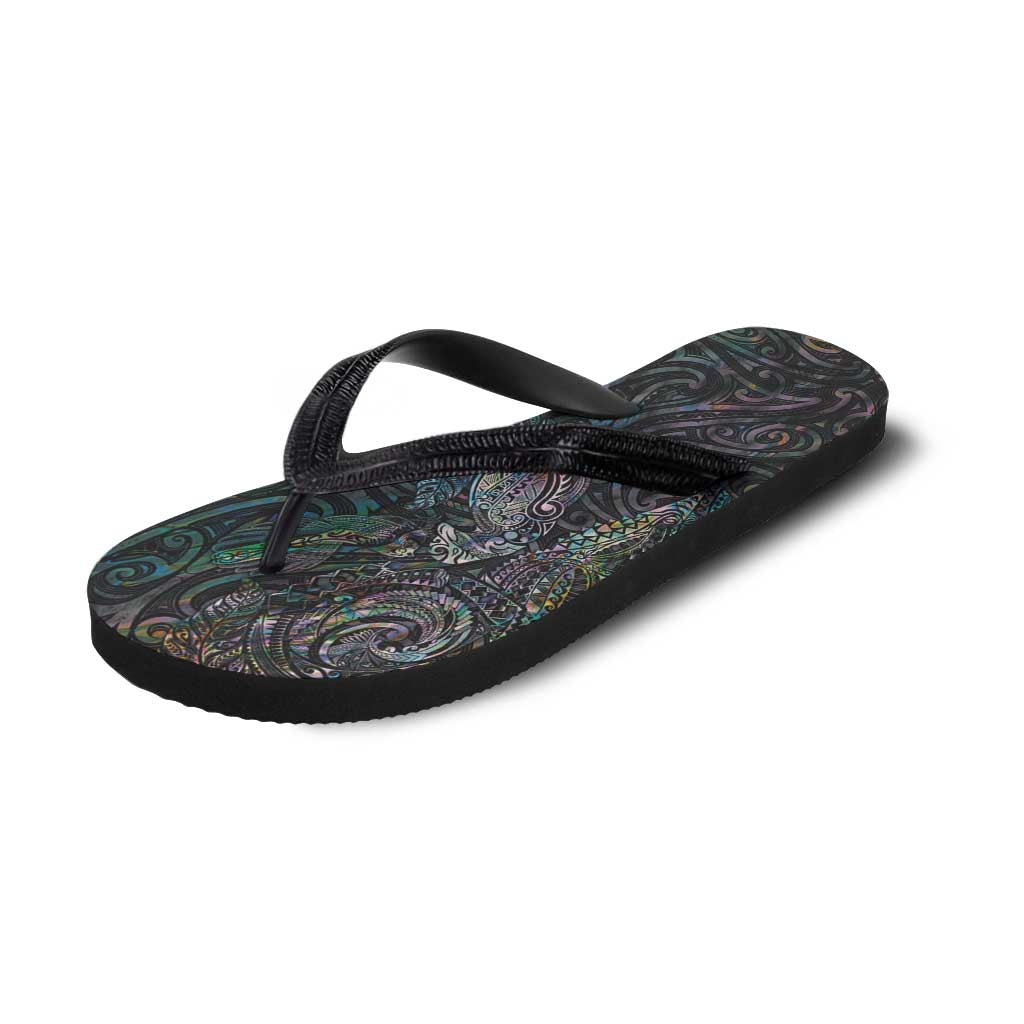 Aotearoa Moko Tribal Tattoo Flip Flops New Zealand Maori Penguin and Fantail Paua Shell Style LT03 - Polynesian Pride