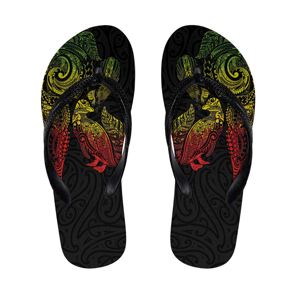 Aotearoa Moko Tribal Tattoo Flip Flops New Zealand Maori Penguin and Fantail Reggae Style LT03 Multicolor - Polynesian Pride