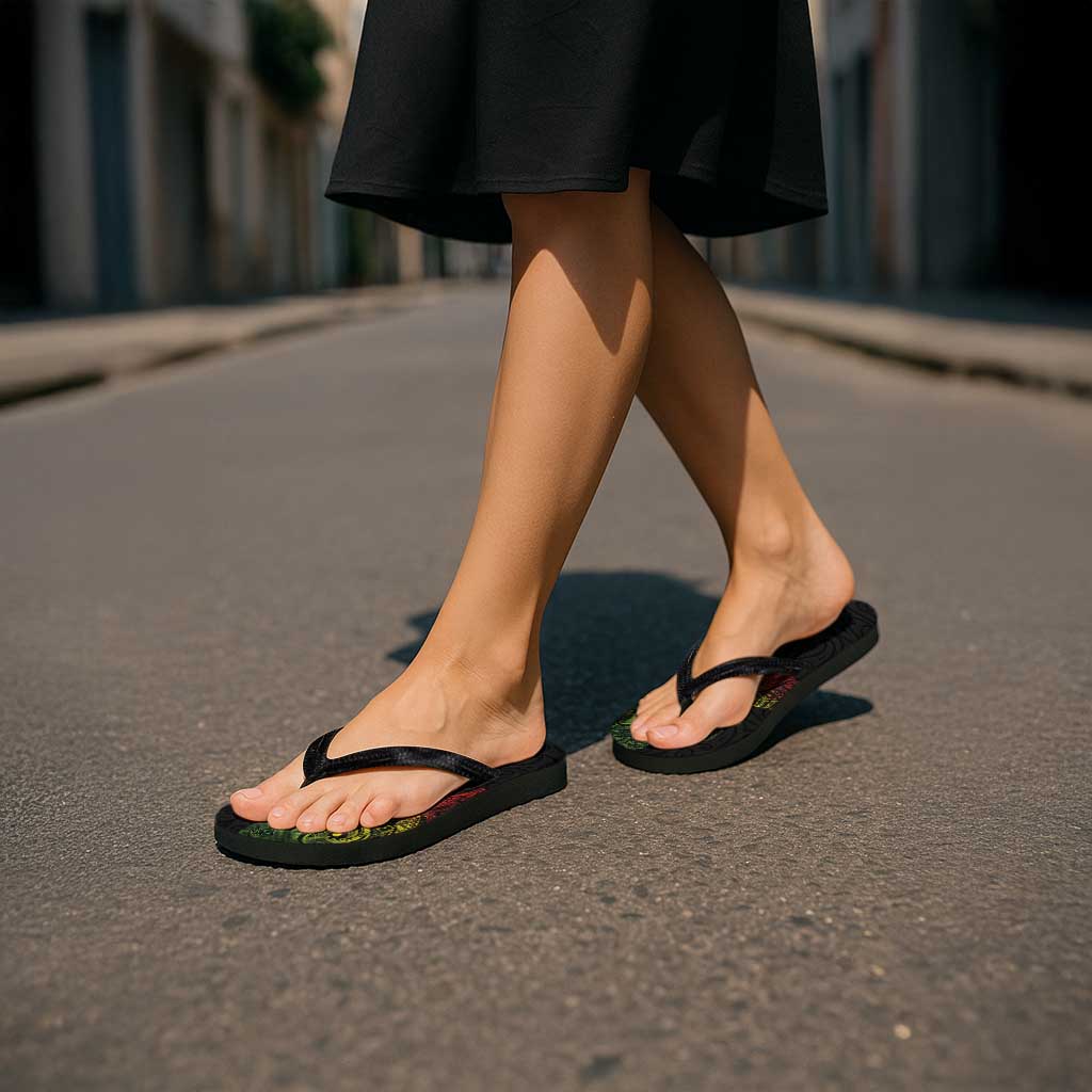 Aotearoa Moko Tribal Tattoo Flip Flops New Zealand Maori Penguin and Fantail Reggae Style LT03 - Polynesian Pride